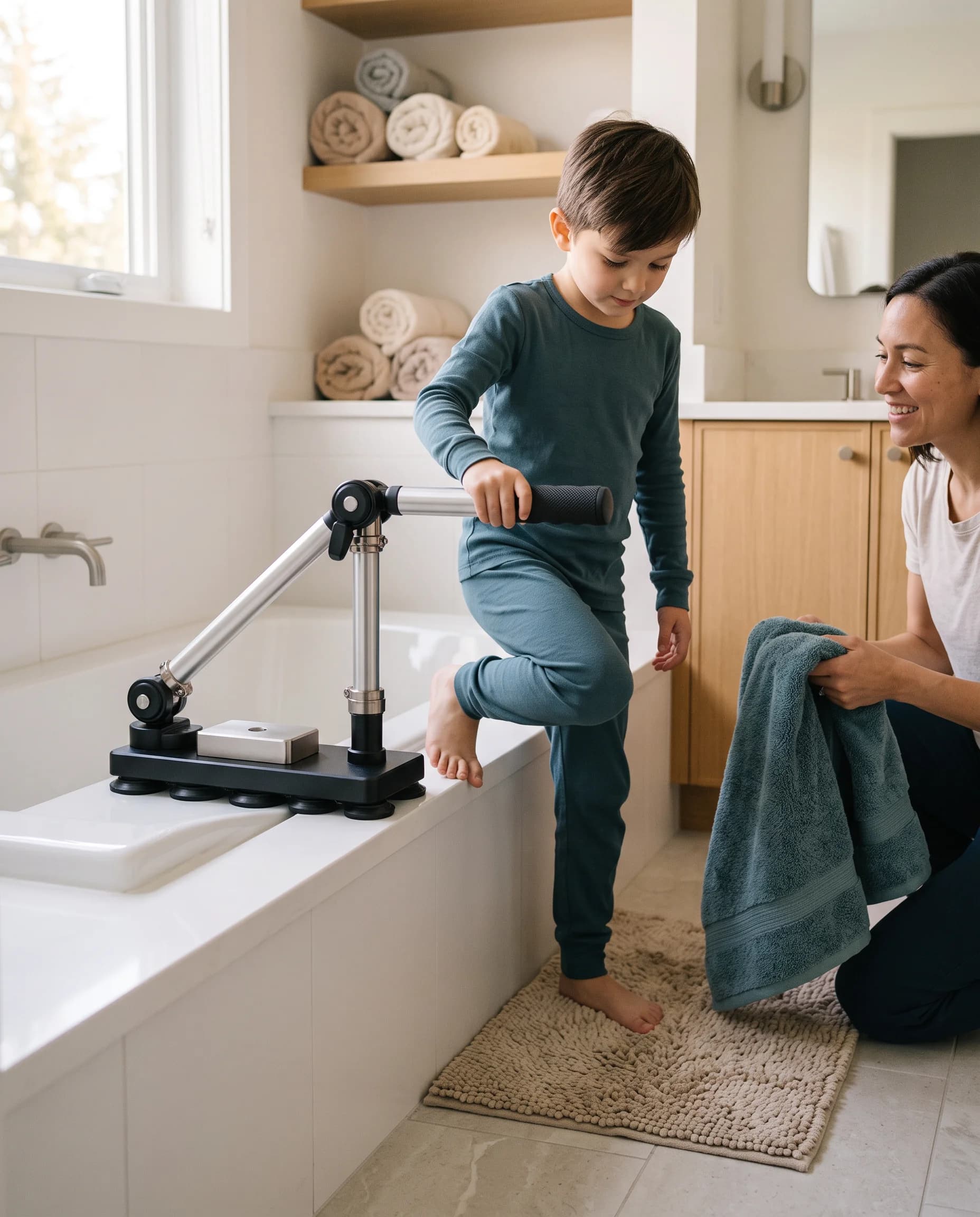 A parent kneeling beside the tub while a child holds the bath support to step out.